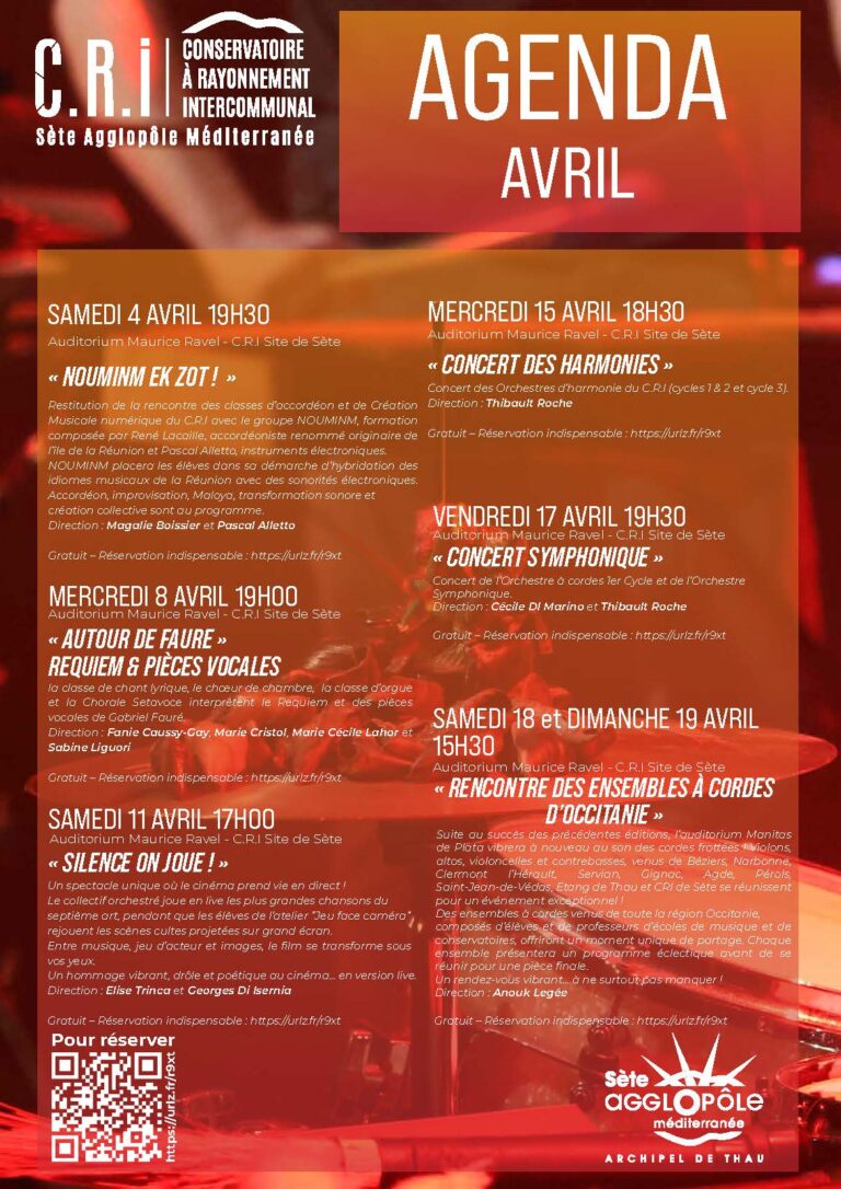Agenda Avril 2026 du Conservatoire de Sète