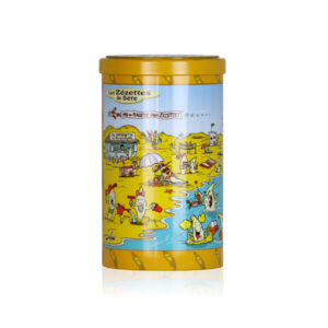 Boîte cylindrique métal jaune plage Zézettes de Sète 200g souvenir La Belle Époque