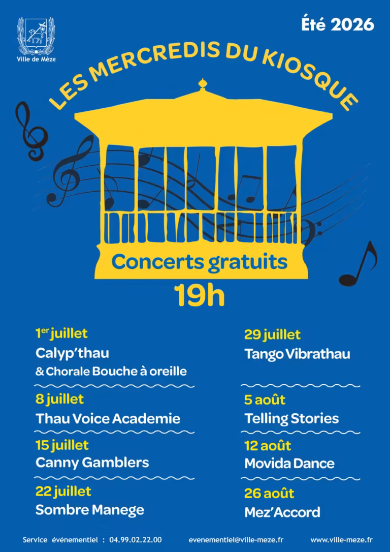 Affiche des Mercredis du Kiosque à Mèze, programmation été 2026