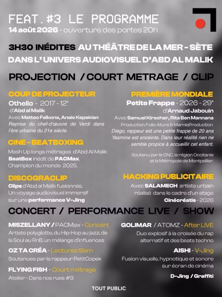 Programme de FEAT. #3, soirée Abd al Malik au Théâtre de la Mer, 14 août 2026