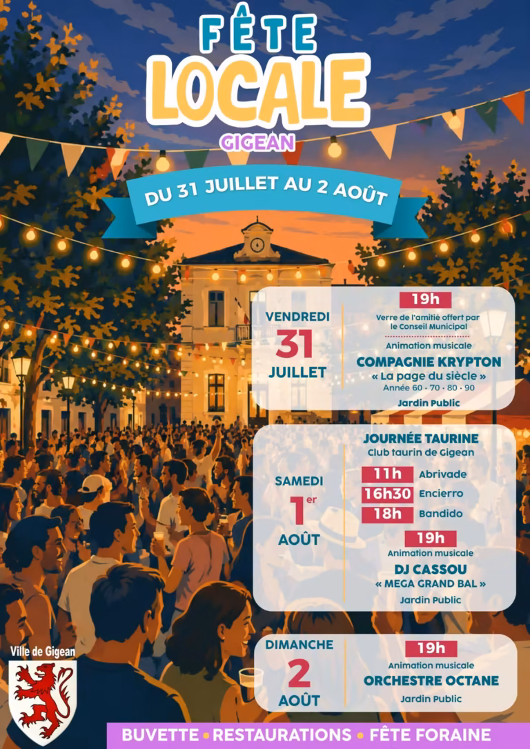Affiche de la Fête Locale de Gigean 2026, du 31 juillet au 2 août