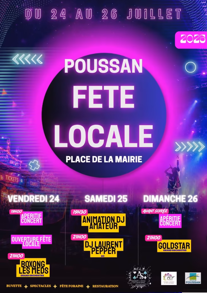 Affiche de la Fête Locale de Poussan 2026, du 24 au 26 juillet