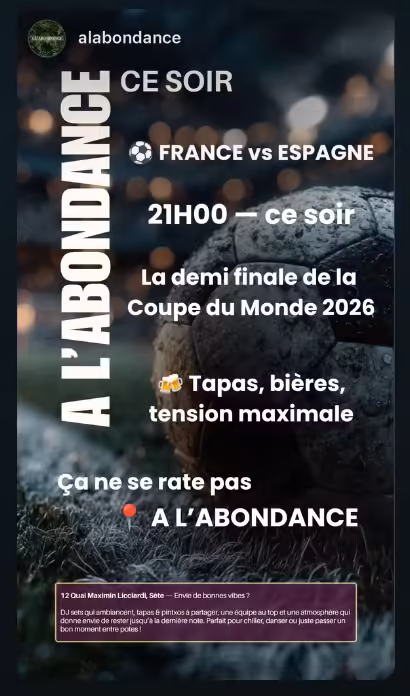 France Espagne, demi-finale retransmise à A l'Abondance, Sète, 14 juillet 2026