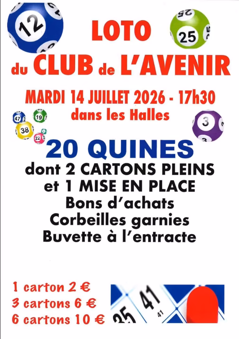 Affiche du Loto du Club de l'Avenir, Poussan, 14 juillet 2026