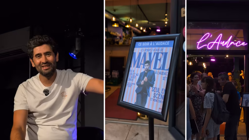 Mayel Elhajaoui sur scène, l'affiche du soir et l'enseigne de L'Audace Café Théâtre à Sète