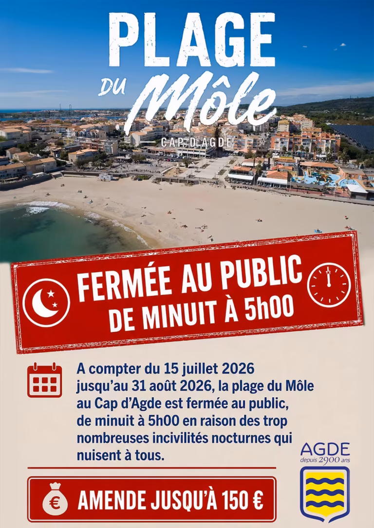 Plage du Môle au Cap d'Agde, fermée au public de minuit à 5h en 2026