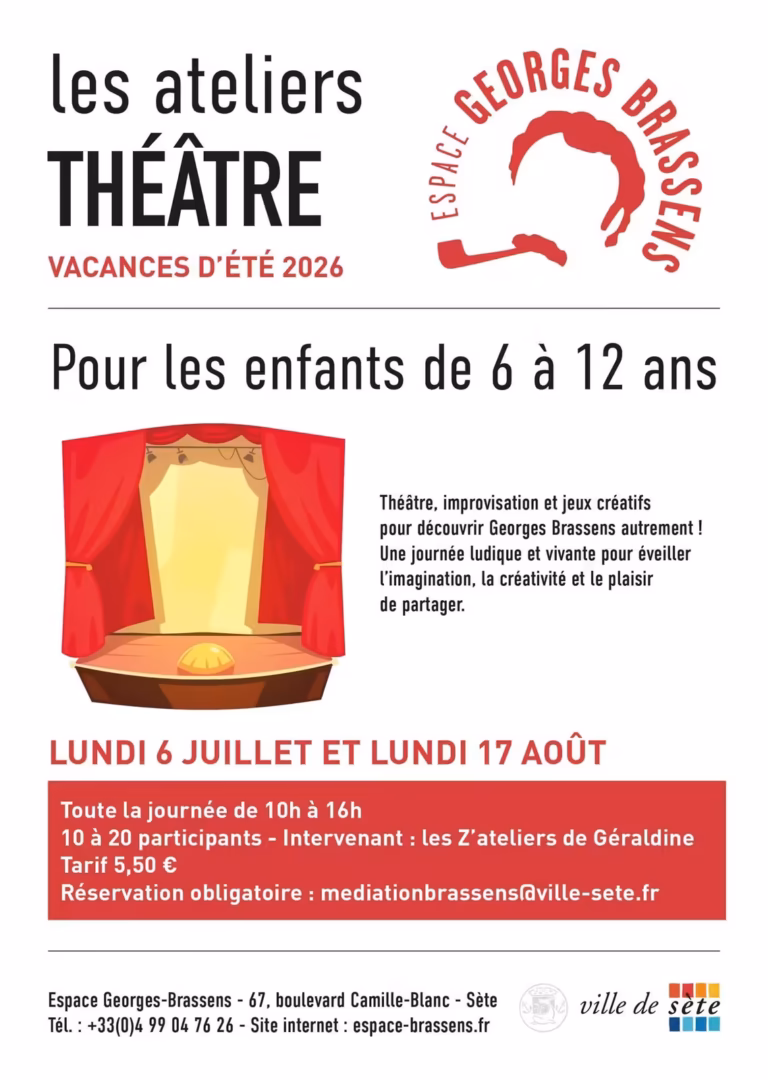 Affiche des ateliers théâtre pour enfants de 6 à 12 ans à l'Espace Georges Brassens de Sète, été 2026