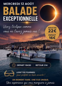 Affiche de la balade en bateau pour l'éclipse solaire du mercredi 12 août 2026 avec Escale Sétoise