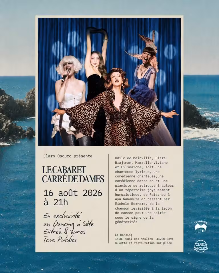 Affiche du Cabaret Carré de Dames au Dancing à Sète, les quatre artistes sur scène