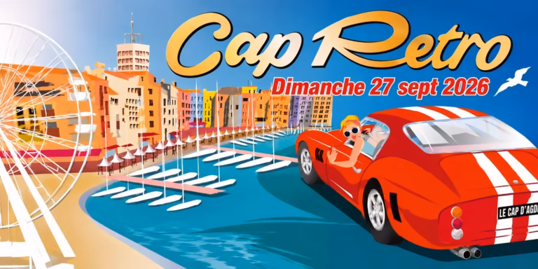 Bannière Cap Rétro 2026, voiture de collection devant la grande roue du Cap d'Agde