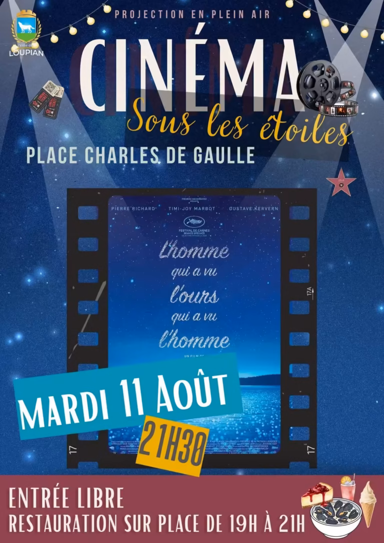 Affiche du Cinéma sous les étoiles à Loupian, projection en plein air place Charles de Gaulle