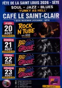 Affiche des concerts de la Saint-Louis 2026 au Café Le Saint-Clair à Sète, avec Rock N Tube et Bad Girls Groove