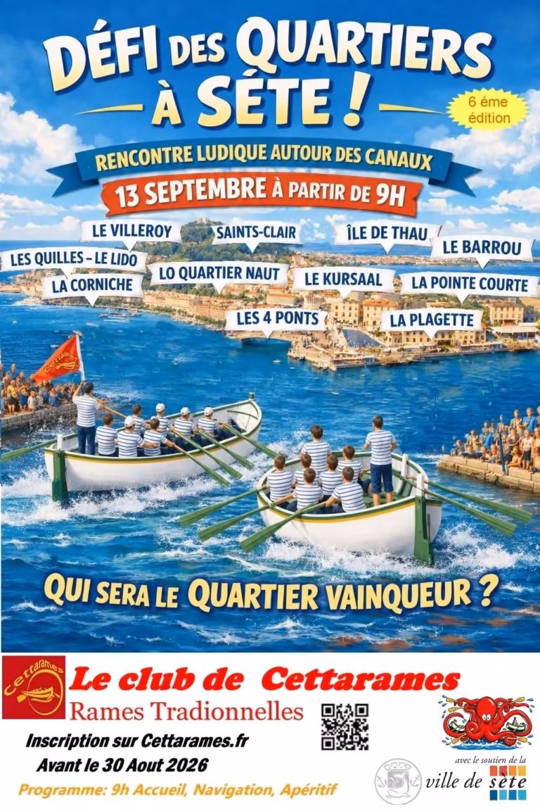 Affiche du Défi des Quartiers de Cettarames, rencontre de rame traditionnelle sur les canaux de Sète le 13 septembre 2026