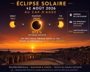 Infographie éclipse solaire 12 août 2026 horaires Cap d'Agde 97 pourcent
