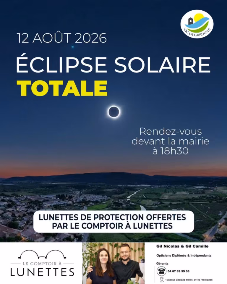 Affiche éclipse solaire 12 août 2026 Vic la Gardiole rendez-vous mairie