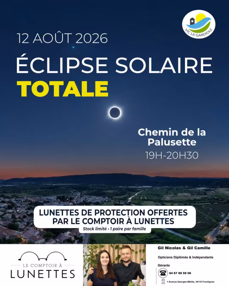 Affiche de l'observation de l'éclipse solaire du 12 août 2026 chemin de la Palusette à Vic la Gardiole