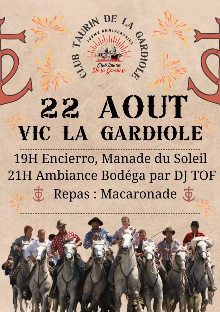 Affiche des 20 ans du Club Taurin de la Gardiole, encierro et bodega le 22 août 2026 à Vic-la-Gardiole