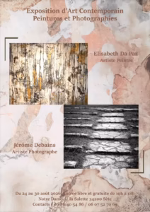 Affiche de l'exposition de peintures d'Elisabeth Da Paz et photographies argentiques de Jérôme Debains à Notre-Dame de la Salette, Sète, août 2026