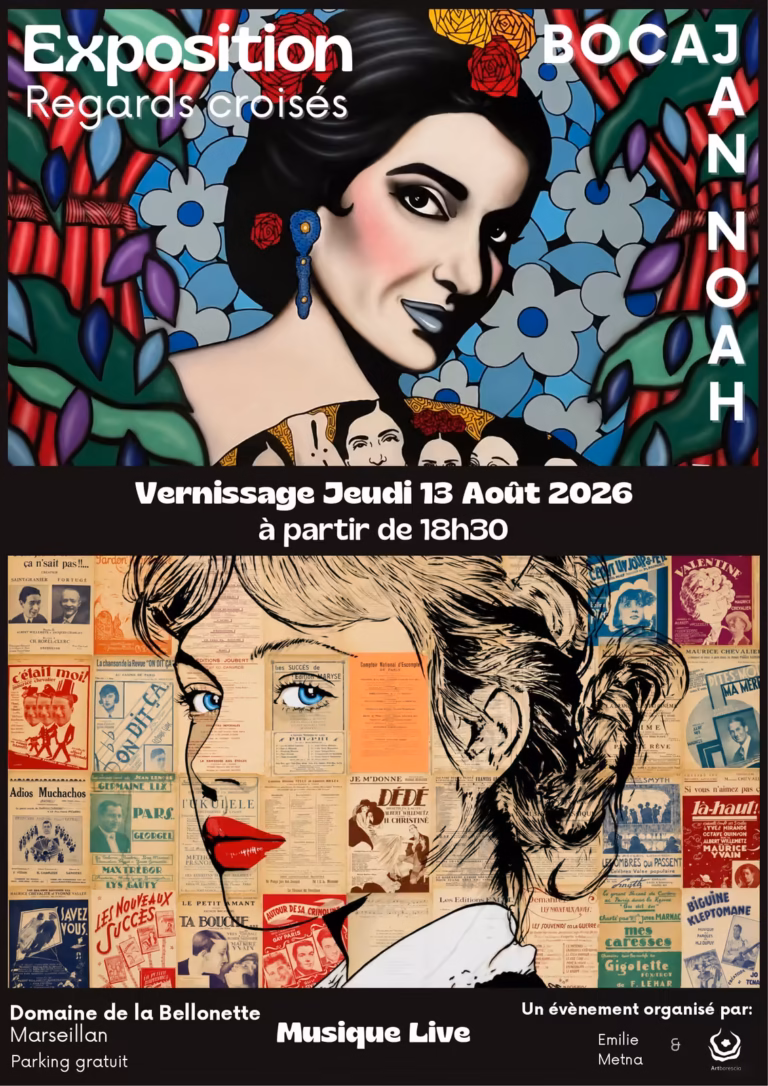 Affiche de l'exposition Regards croisés de Bocaj et Jan Noah au Domaine de la Bellonette