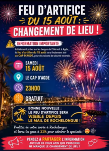 Affiche annonçant le changement de lieu du feu d'artifice du 15 août 2026, tiré au Cap d'Agde et visible depuis le Mail de Rochelongue