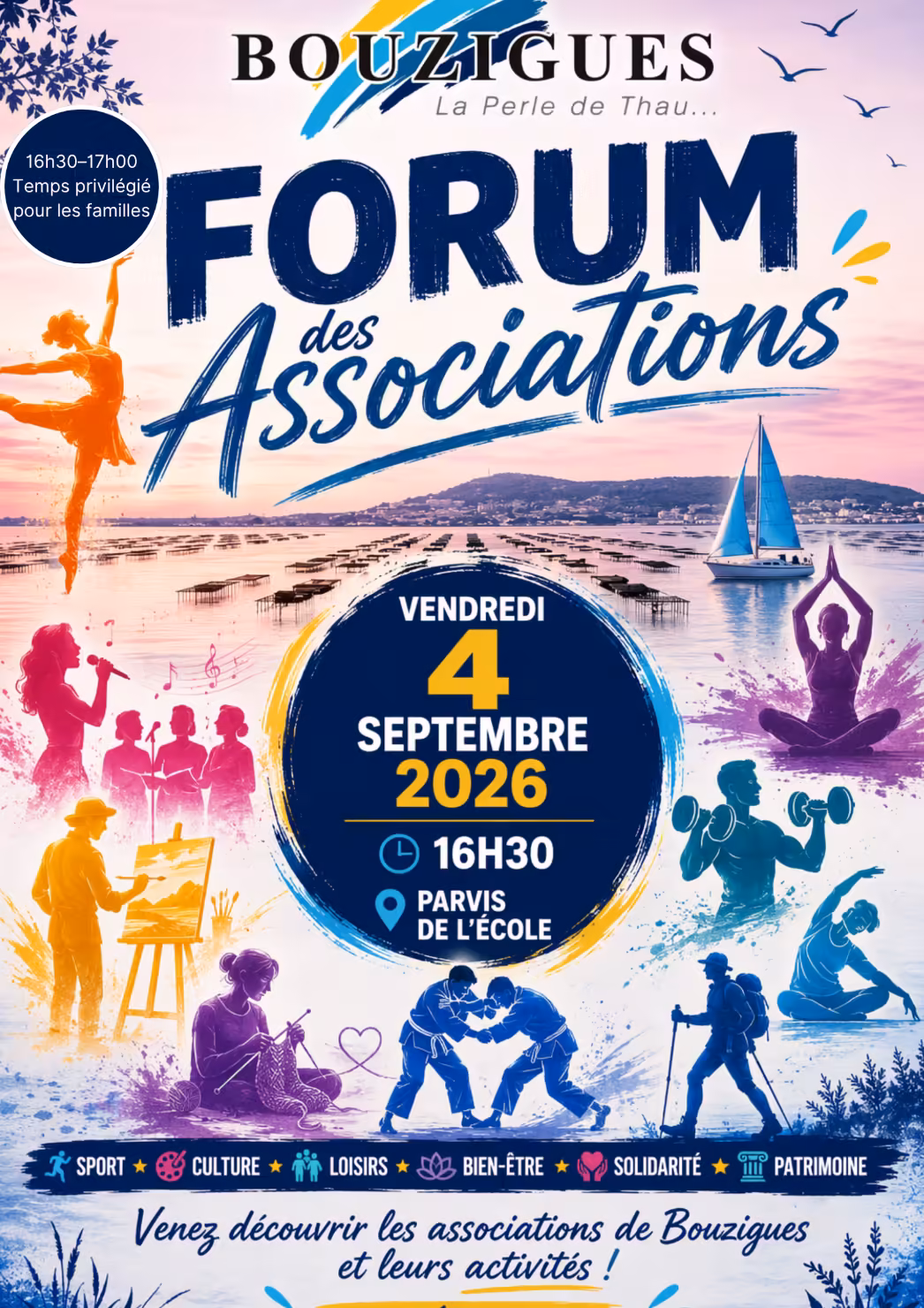Affiche du Forum des associations 2026 sur le parvis de l'école à Bouzigues