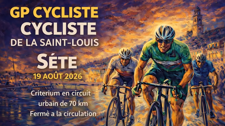 Affiche du Grand Prix cycliste de la Saint-Louis 2026 à Sète, coureurs sur le quai au coucher du soleil