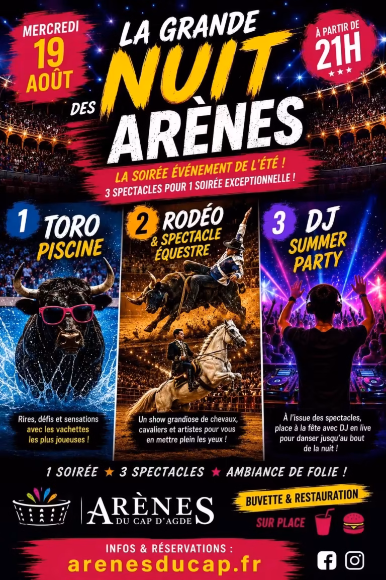 Affiche Grande Nuit des Arènes Cap d'Agde toro piscine rodéo DJ 19 août
