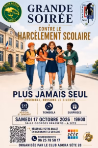 Affiche Grande Soirée contre le harcèlement scolaire du Club Agora Sète 28, salle Georges Brassens
