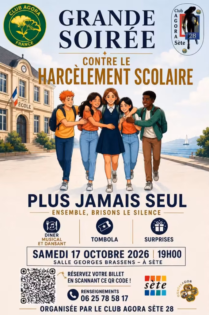 Affiche Grande Soirée contre le harcèlement scolaire du Club Agora Sète 28, salle Georges Brassens