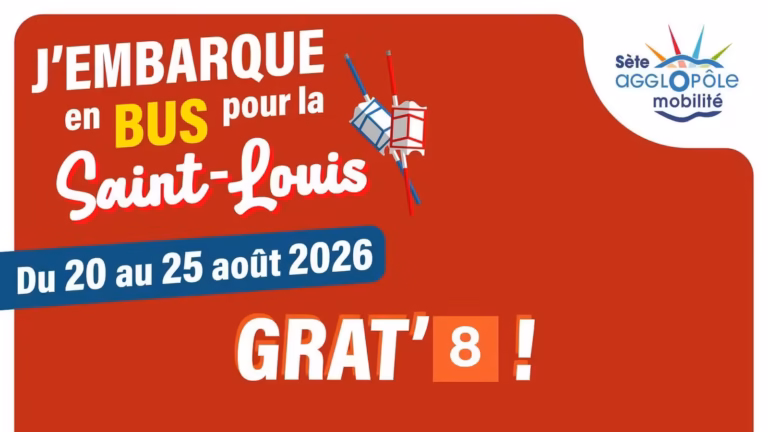 Affiche Sète Agglopôle mobilité, embarquer en bus gratuit pour la Saint-Louis 2026