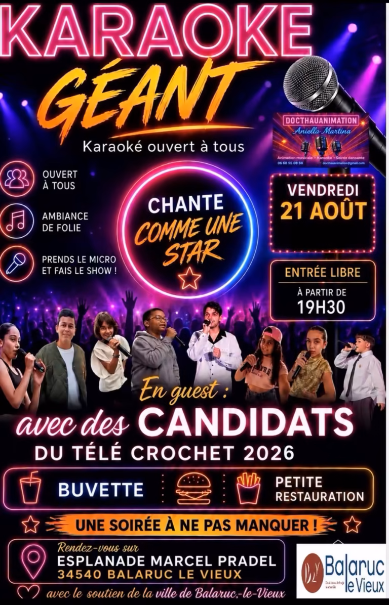Affiche du karaoké géant du 21 août 2026 sur l'esplanade Marcel Pradel à Balaruc-le-Vieux