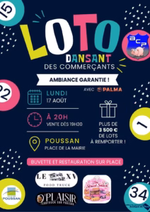Affiche Loto dansant commerçants Poussan lundi 17 août place mairie