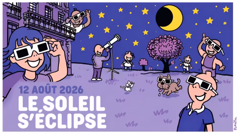 Illustration de la campagne Le Soleil s'éclipse du 12 août 2026, public équipé de lunettes d'observation