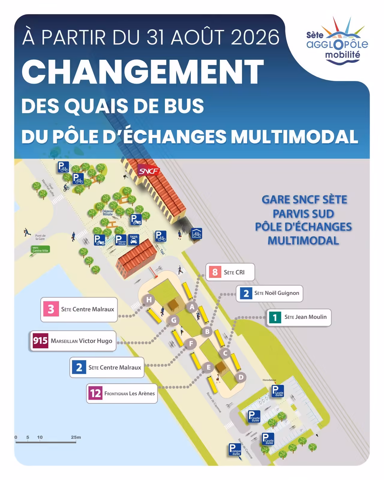 Gare de Sète : les quais de bus changent au 31 août - plan quais bus gare sete sud lignes 1 2 3 8 12 915 Plan des quais de bus du pôle d'échanges multimodal de la gare de Sète Sud