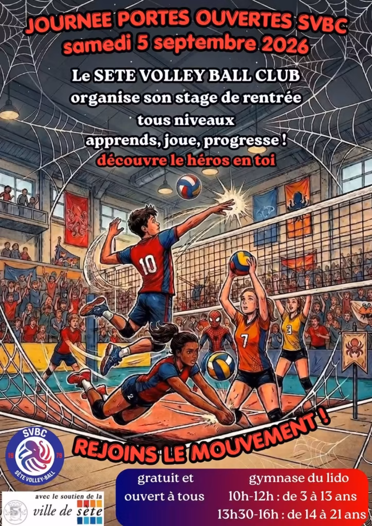 Affiche des portes ouvertes du Sète Volley Ball Club le 5 septembre 2026 au gymnase du Lido