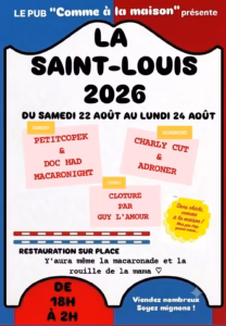 Affiche de la Saint-Louis 2026 au pub Comme à la maison à Sète, du 22 au 24 août