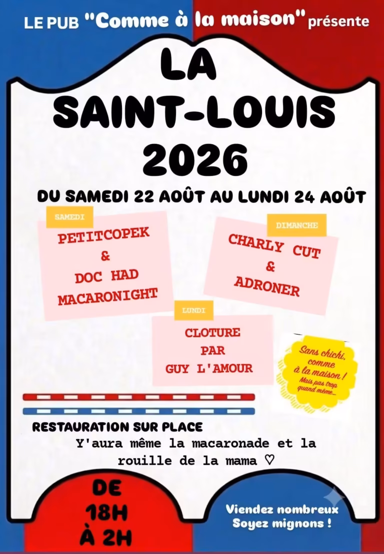 Affiche de la Saint-Louis 2026 au pub Comme à la maison à Sète, du 22 au 24 août