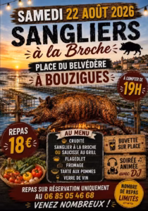 Affiche de la soirée sangliers à la broche place du Belvédère à Bouzigues