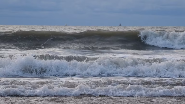 Houle et vagues déferlantes sur une plage de Sète par vent de sud-est