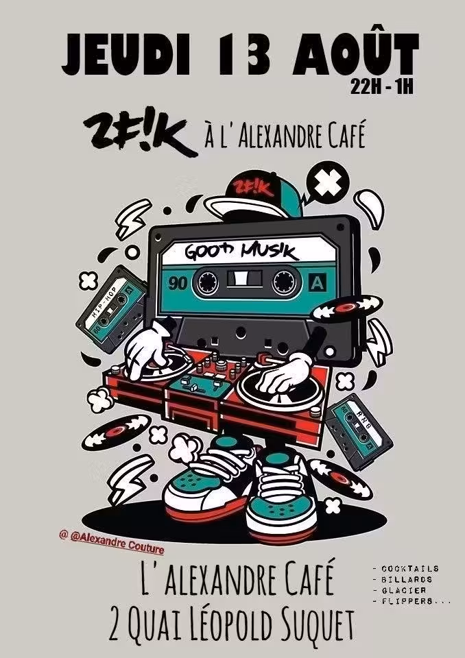 Affiche de la soirée DJ 2FIK du 13 août à L'Alexandre Café, quai Léopold Suquet à Sète