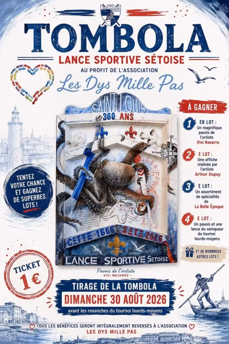 Affiche de la tombola de la Lance Sportive Sétoise au profit des Dys Mille Pas