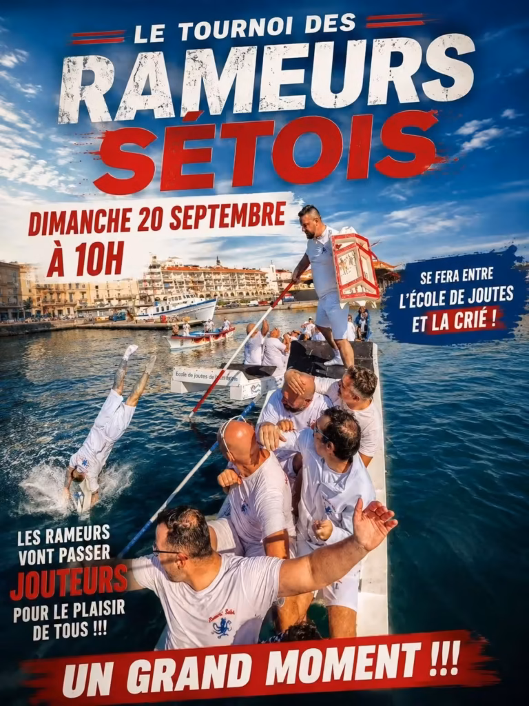 Affiche du Tournoi des Rameurs Sétois, jouteurs sur la barque et chute à l'eau dans le canal de Sète