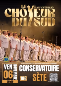 Affiche du concert du Chœur du Sud de Frank Castellano au Conservatoire de Sète, au profit de l'association Marfans