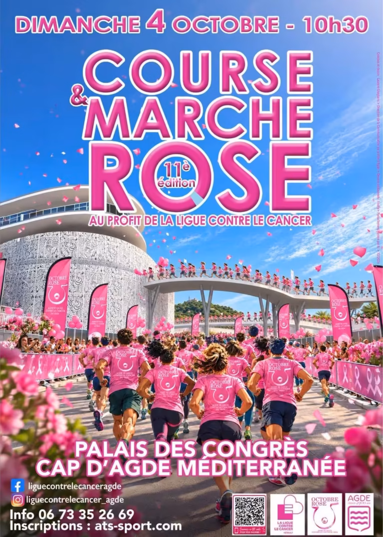 Affiche de la 11e Course et Marche Rose au Palais des Congrès du Cap d'Agde, au profit de la Ligue contre le cancer