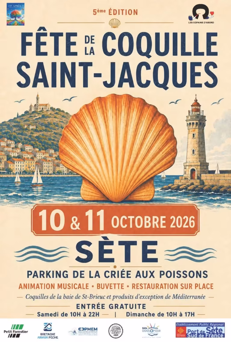 Affiche de la 5e Fête de la Coquille Saint-Jacques à Sète, parking de la criée aux poissons