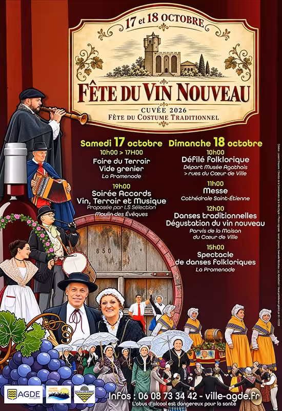 Affiche de la Fête du Vin Nouveau et du Costume Traditionnel 2026 à Agde