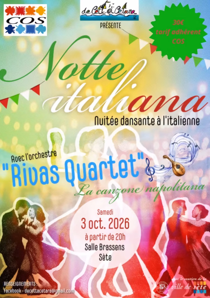 Affiche de la Notte italiana, nuitée dansante à l'italienne salle Brassens à Sète