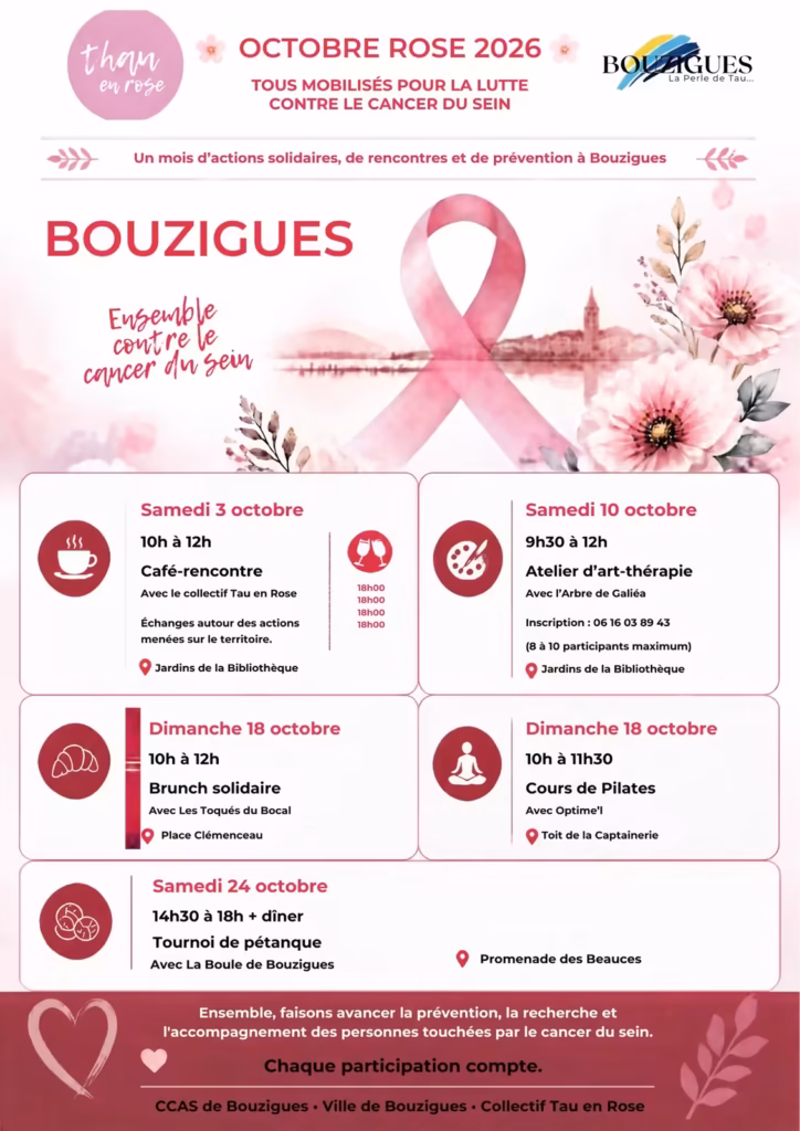 Affiche Octobre Rose 2026 à Bouzigues avec le collectif Thau en rose, programme des animations