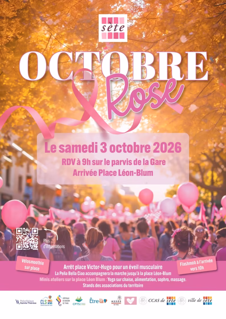 Affiche Octobre Rose 2026 à Sète, marche de la gare à la place Léon-Blum