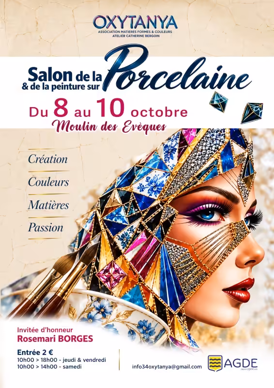 Affiche du salon Oxytanya 2026 de la porcelaine au Moulin des Évêques à Agde, du 8 au 10 octobre